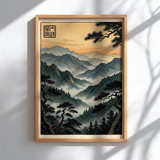 Mountain Forest Sunset Poster featuring Japanese art style with serene mountains and warm sunset colors