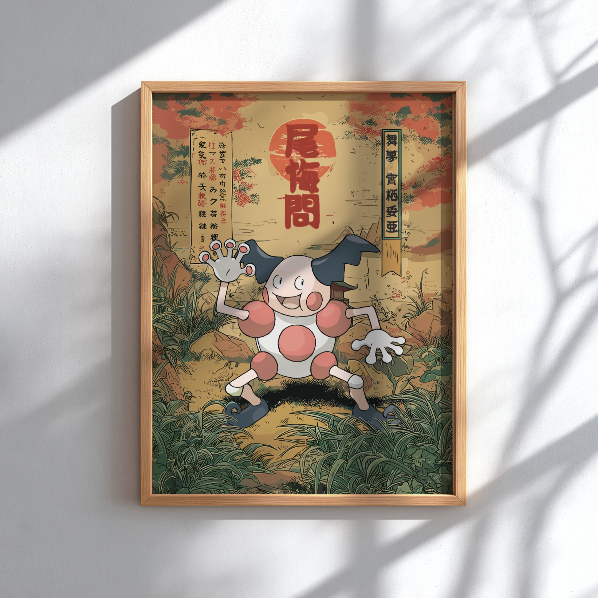 Framed artwork with Mr. Mime Pokemon in a traditional Japanese setting
