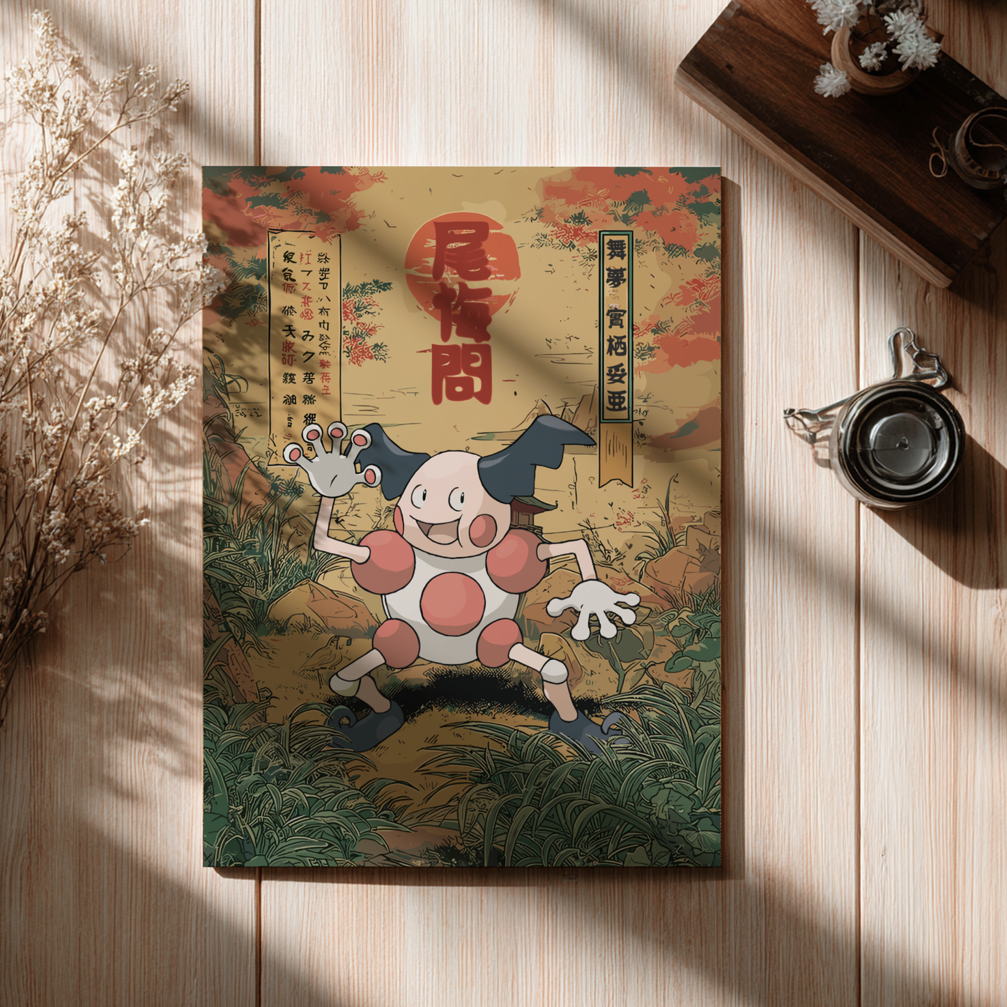 Mr. Mime Pokemon on a decorative card with traditional elements on a wooden surface