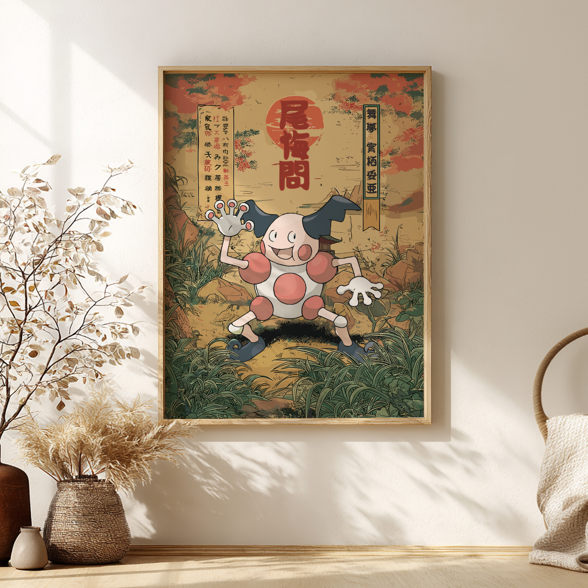 Framed artwork of Mr. Mime Pokemon with Japanese text on a wall with decorative elements.