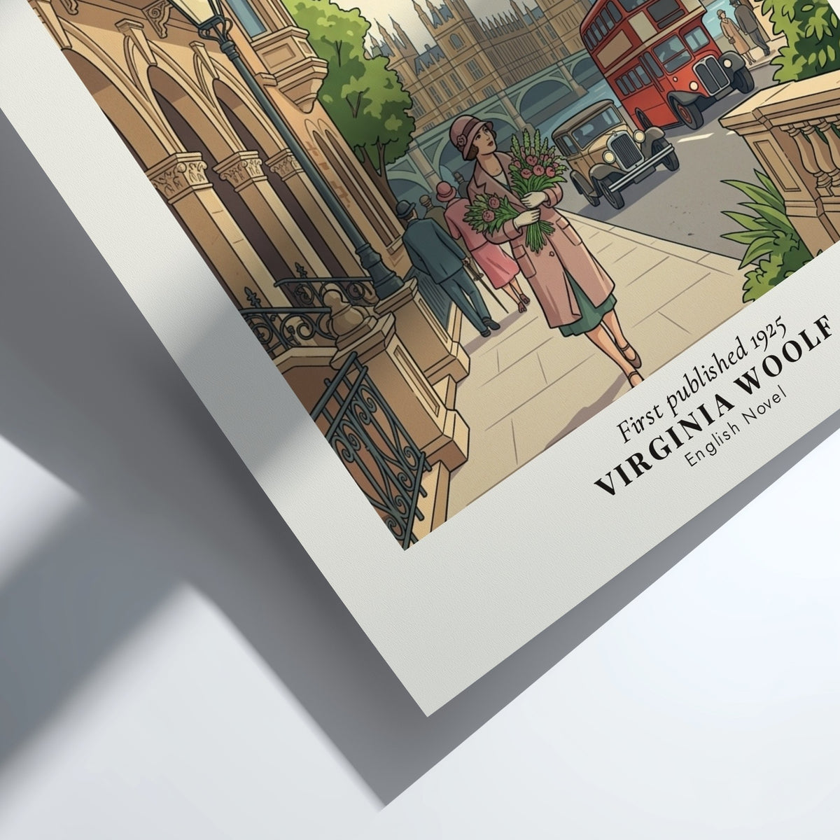 Poster featuring Mrs Dalloway walking through 1925 London with Big Ben and buses.