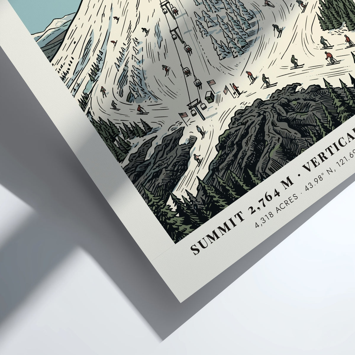 Poster of Mt Bachelor in the Cascade Range with snowy slopes and skiers.
