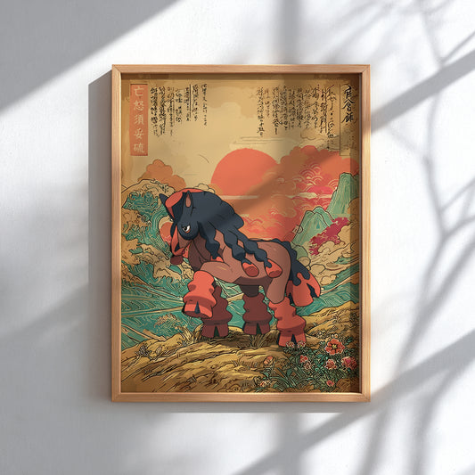 Framed artwork of a stylized Mudsdale Pokemon with a mountainous background
