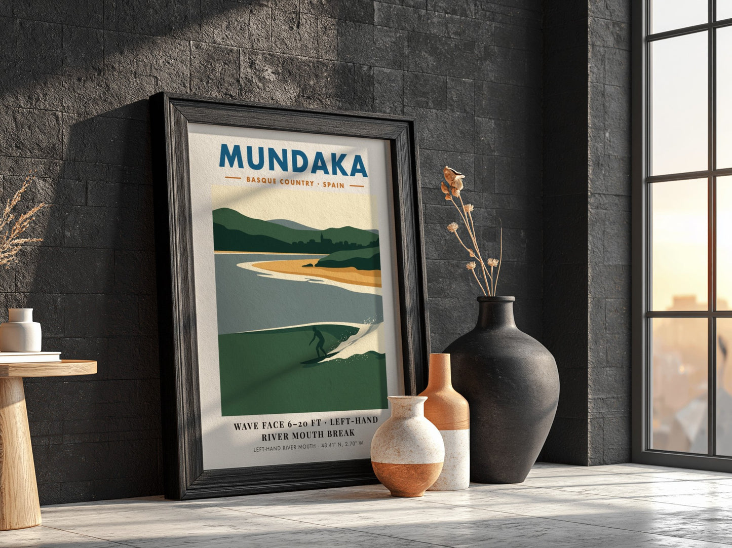 Mundaka Basque Country travel poster featuring a lone surfer on a green wave