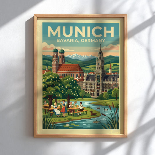 Travel poster of Munich Bavaria Germany featuring historic spires and a scenic beer garden