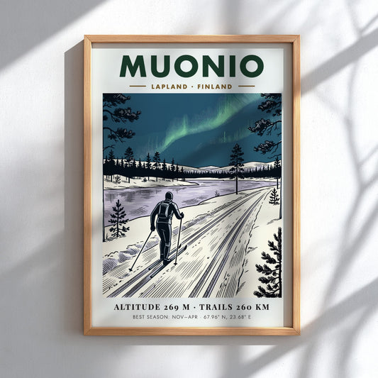 Poster of a cross-country skier in Muonio Lapland under the green northern lights