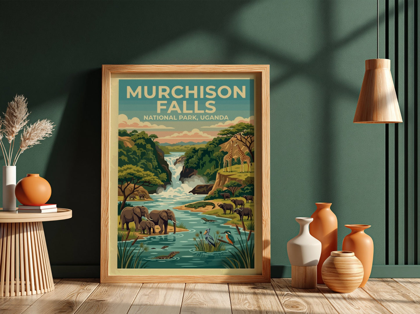 Murchison Falls poster featuring elephants, giraffes, and a waterfall in vibrant colors, perfect for nature
