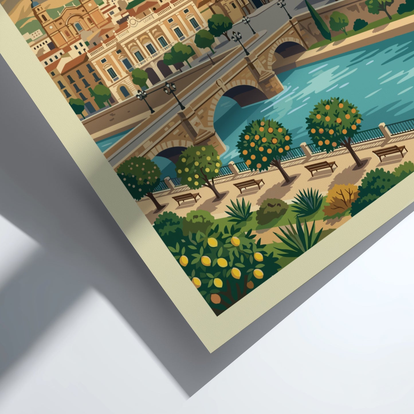 Murcia Spain travel poster featuring a cityscape with a cathedral and river in a warm, illustrative style.