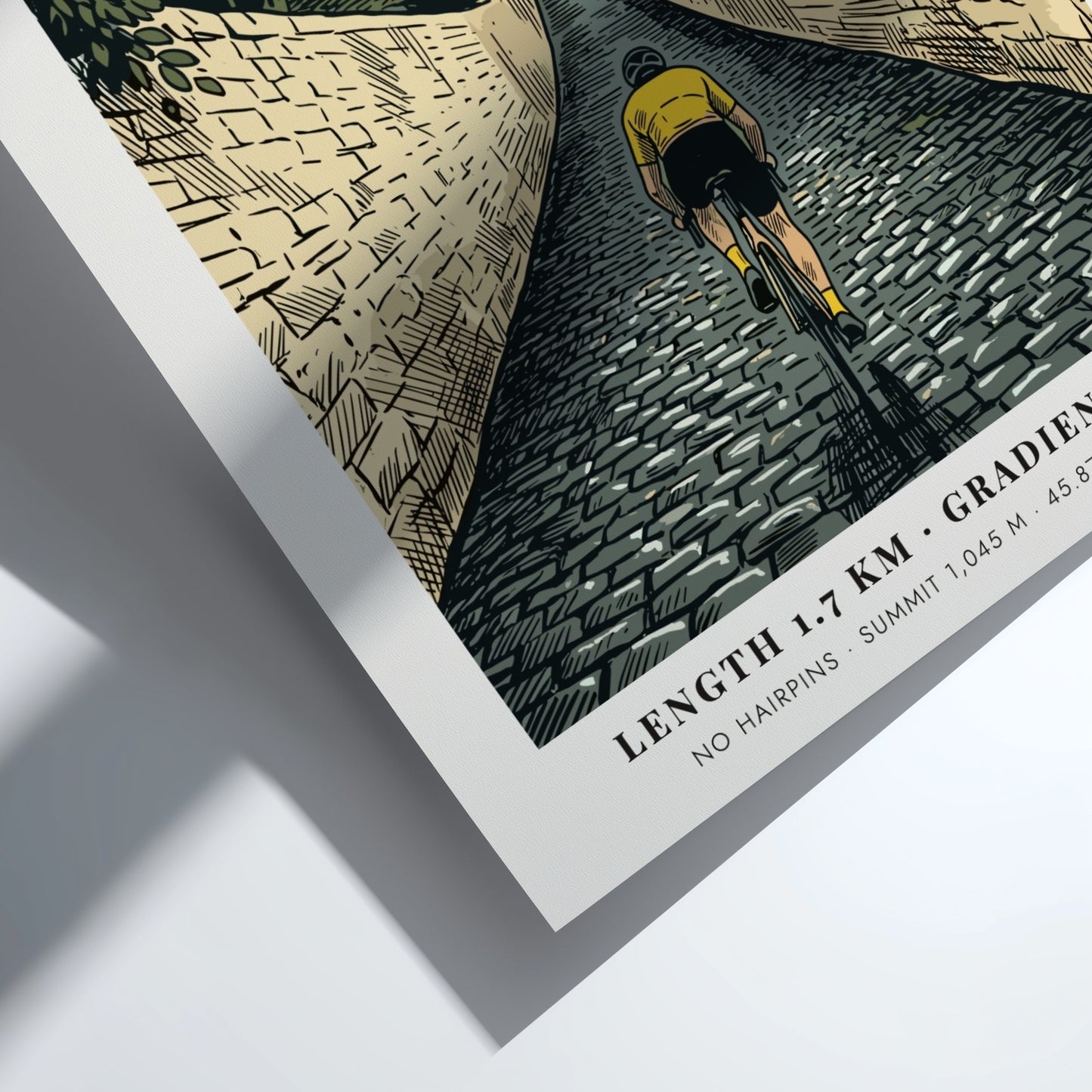 Poster featuring a cyclist climbing the steep cobblestone Muro Di Sormano in Italy.