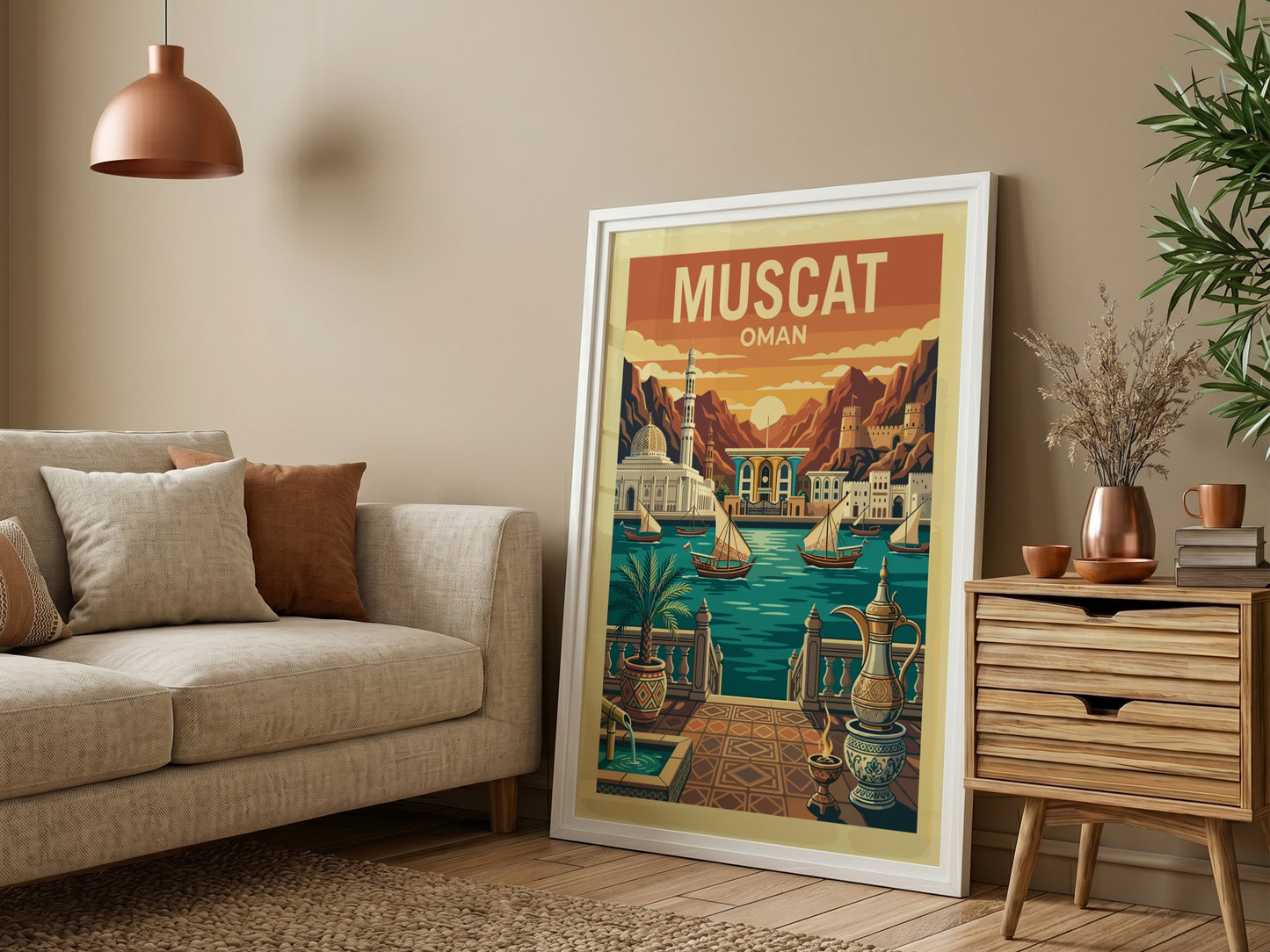 Vintage travel poster of Muscat, Oman, featuring dhow boats and mountains in a warm color palette.