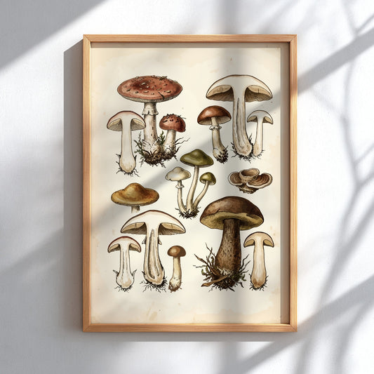 Poster displaying a collection of detailed vintage mushroom illustrations in earthy brown and green.