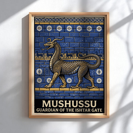 Poster of the golden Mushussu dragon against a blue brick wall with floral patterns.