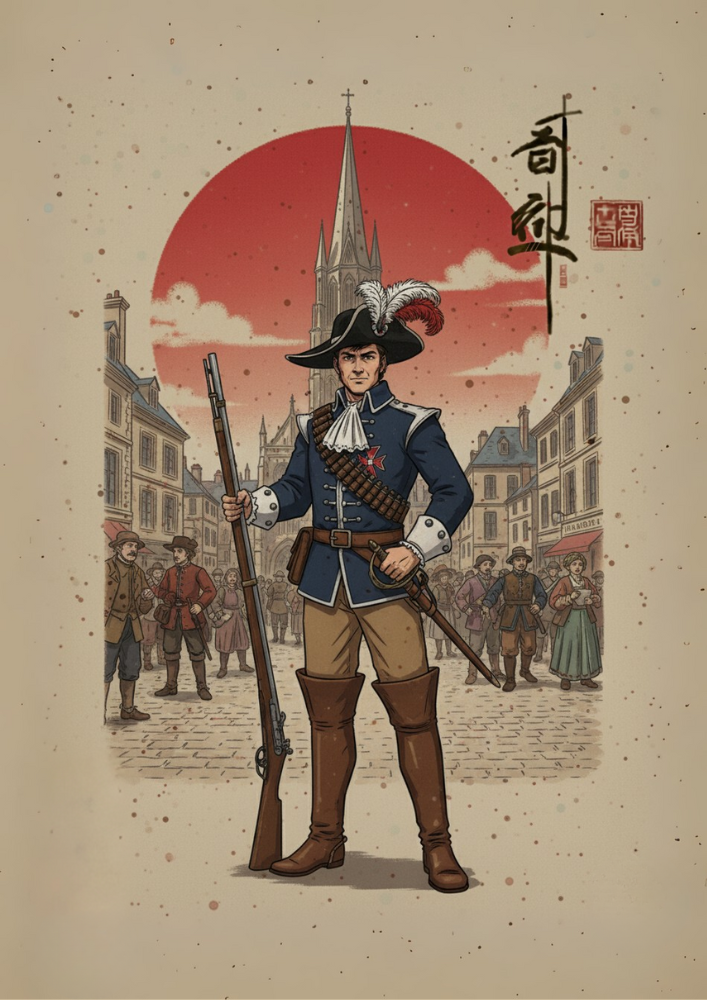 Illustration of a historical figure in uniform with a cityscape background