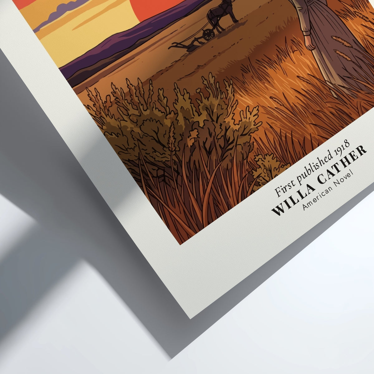 Poster featuring a woman standing in a golden wheat field during a sunset