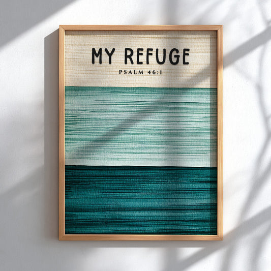 My Refuge poster featuring Psalm 46:1 in soft greens, minimalist wall art for spiritual inspiration
