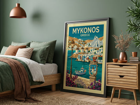Mykonos travel poster featuring whitewashed buildings, windmills, and a boat in Greece. Vibrant blues and