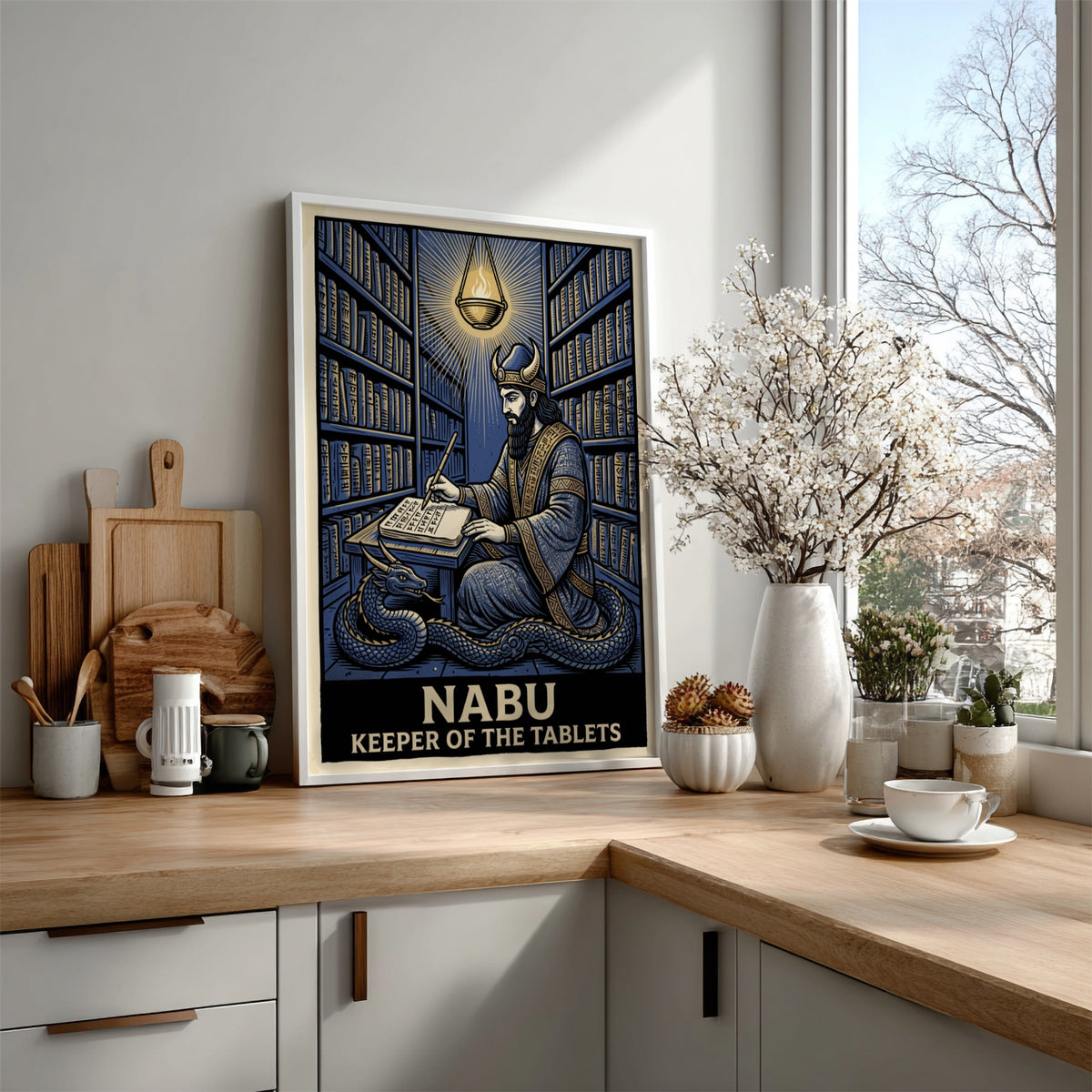 Poster of Nabu the Mesopotamian deity writing in a library with a dragon