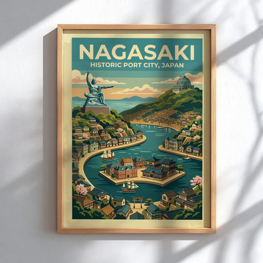 Nagasaki Japan travel poster featuring the peace statue overlooking a historic bay scene