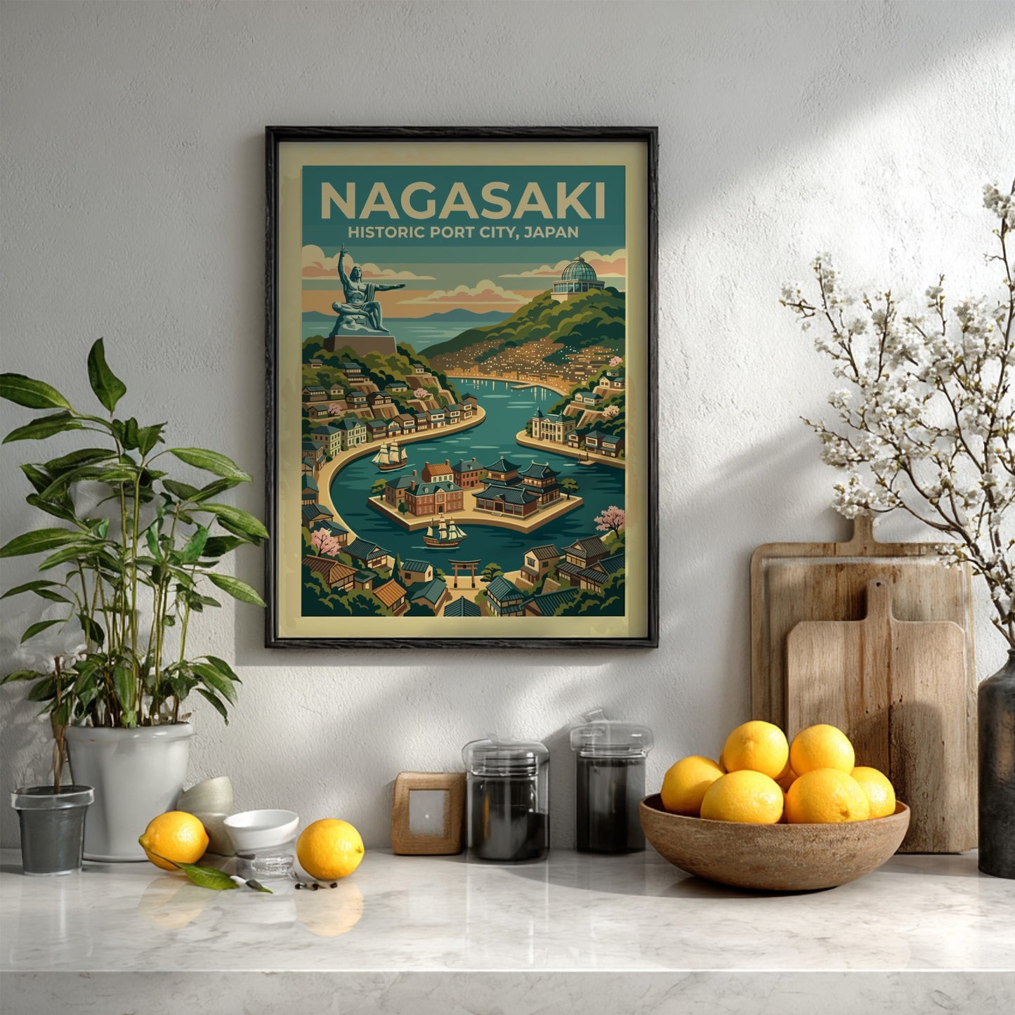 Nagasaki Japan travel poster featuring the peace statue overlooking a historic bay scene