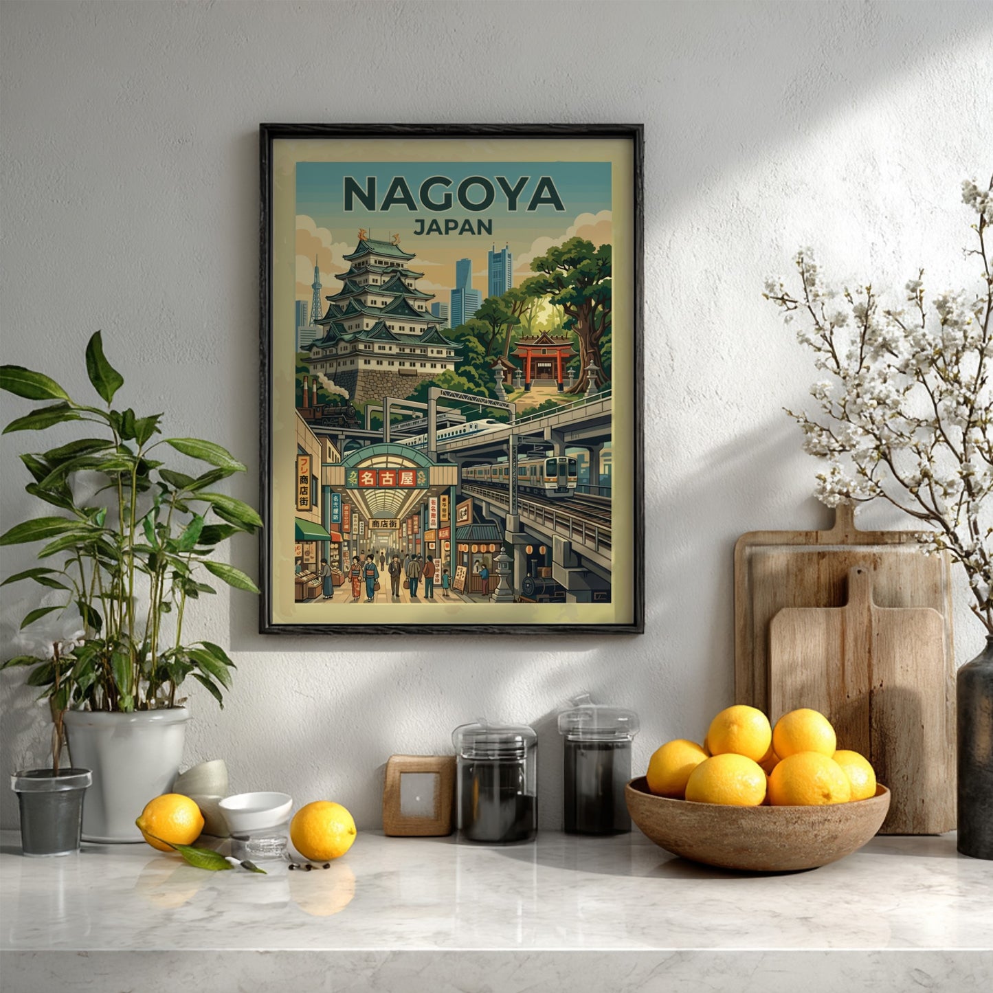 Nagoya Japan travel poster showing a castle, modern skyscrapers, and a bustling market street.