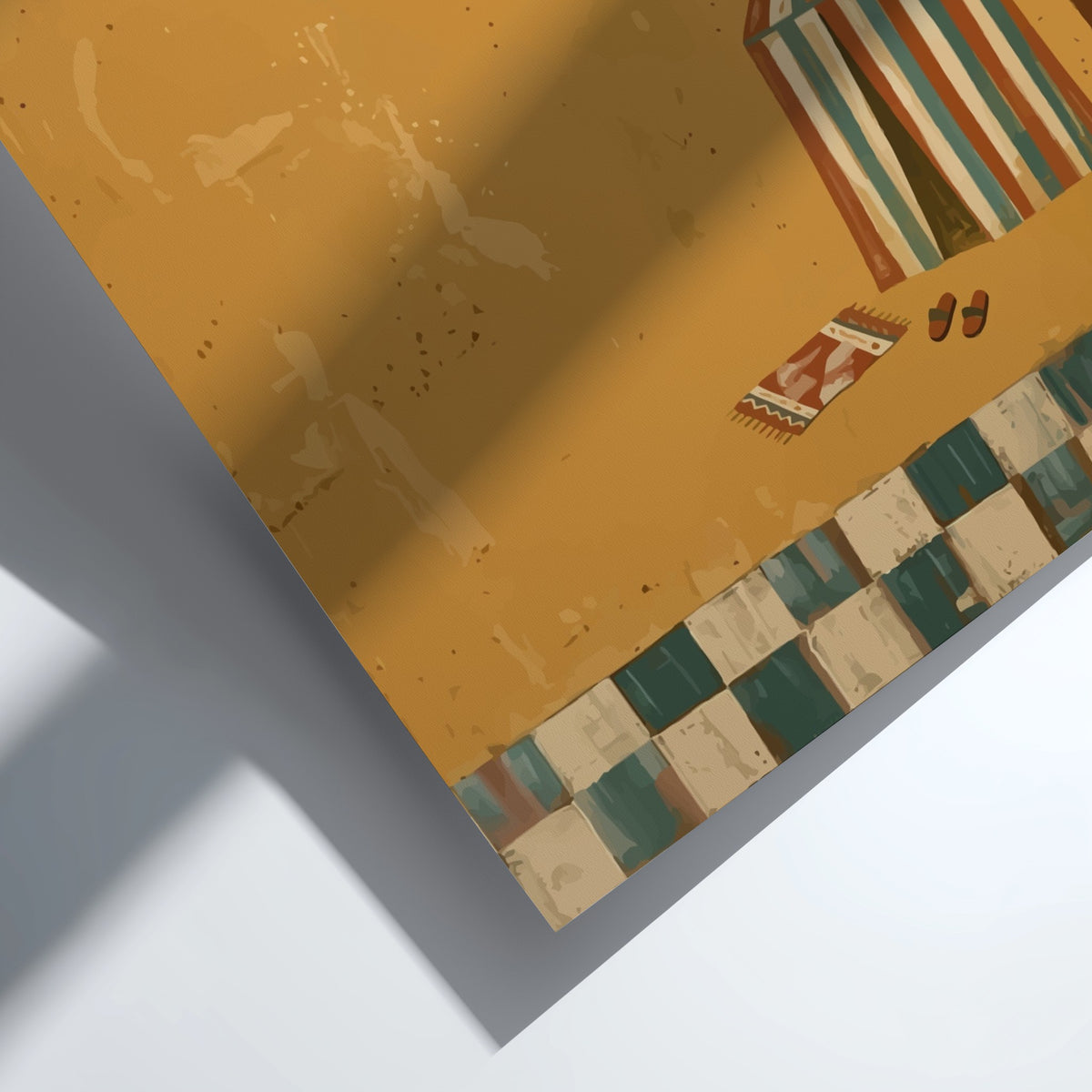 Tropical beach tent illustration with a palm tree on golden sand and tiles.