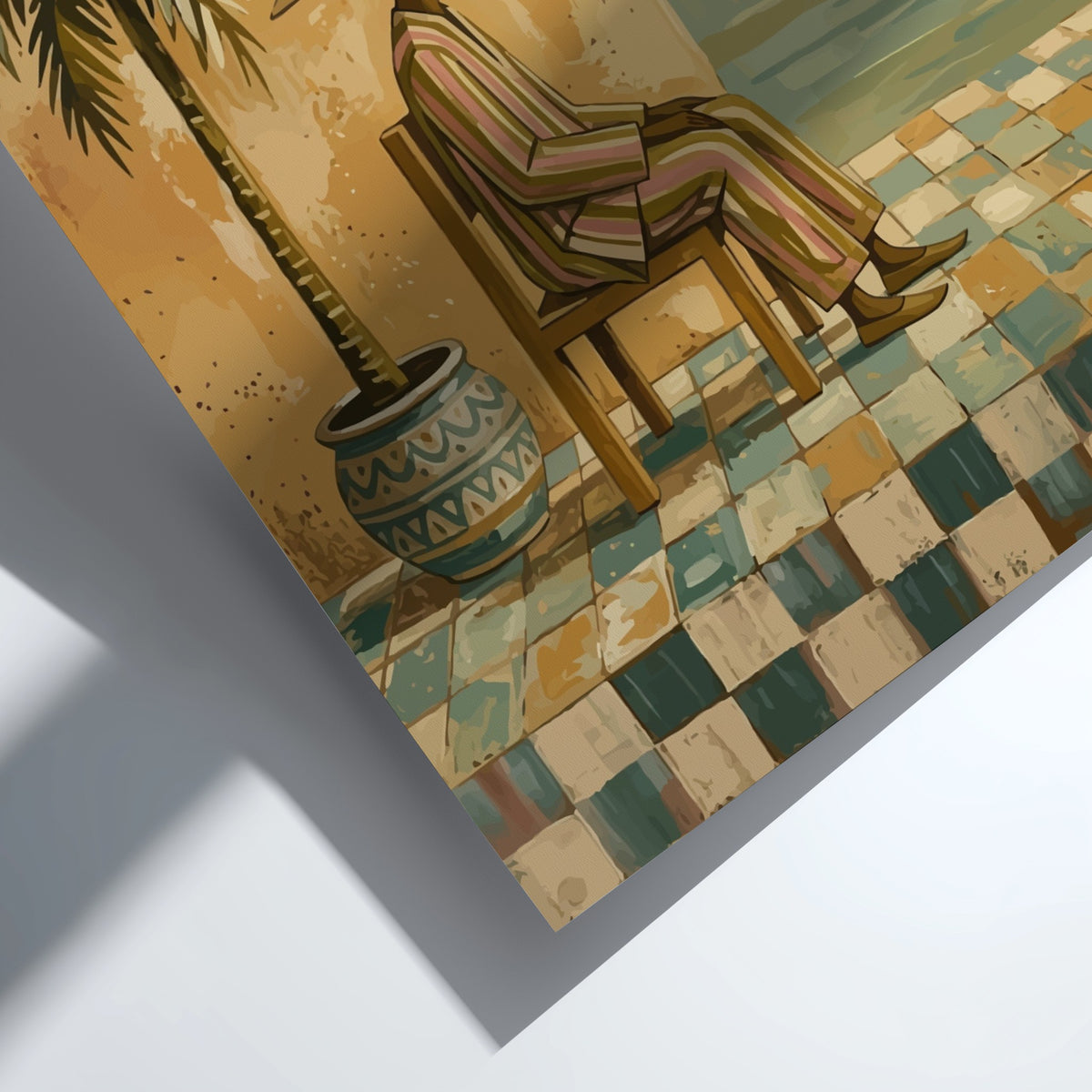 Naive painting of a person in a conical hat sitting by a sea