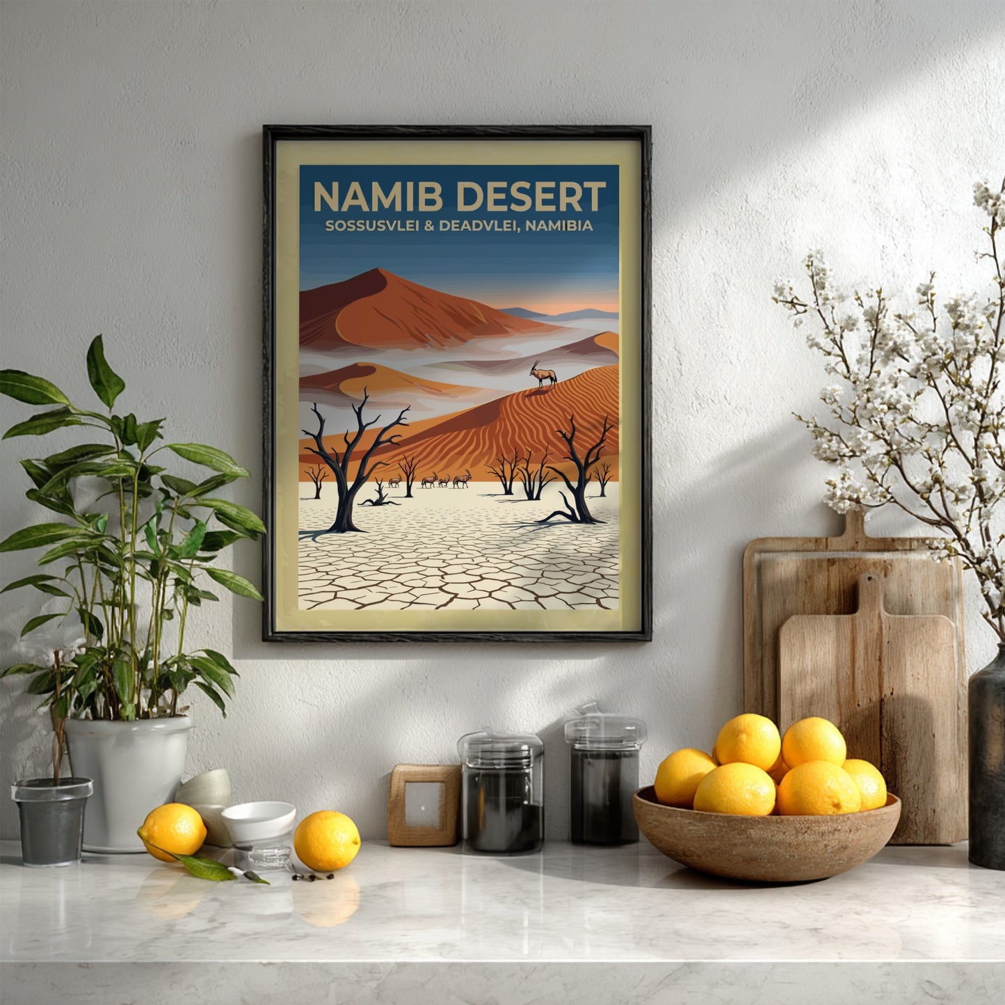 Travel poster featuring Namib Desert sand dunes, dead trees, and oryx in Namibia.