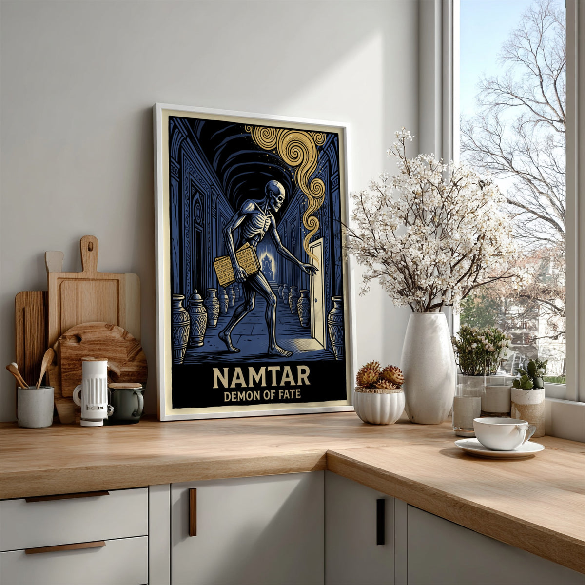 Poster of Namtar the Demon of Fate walking through a blue stone corridor