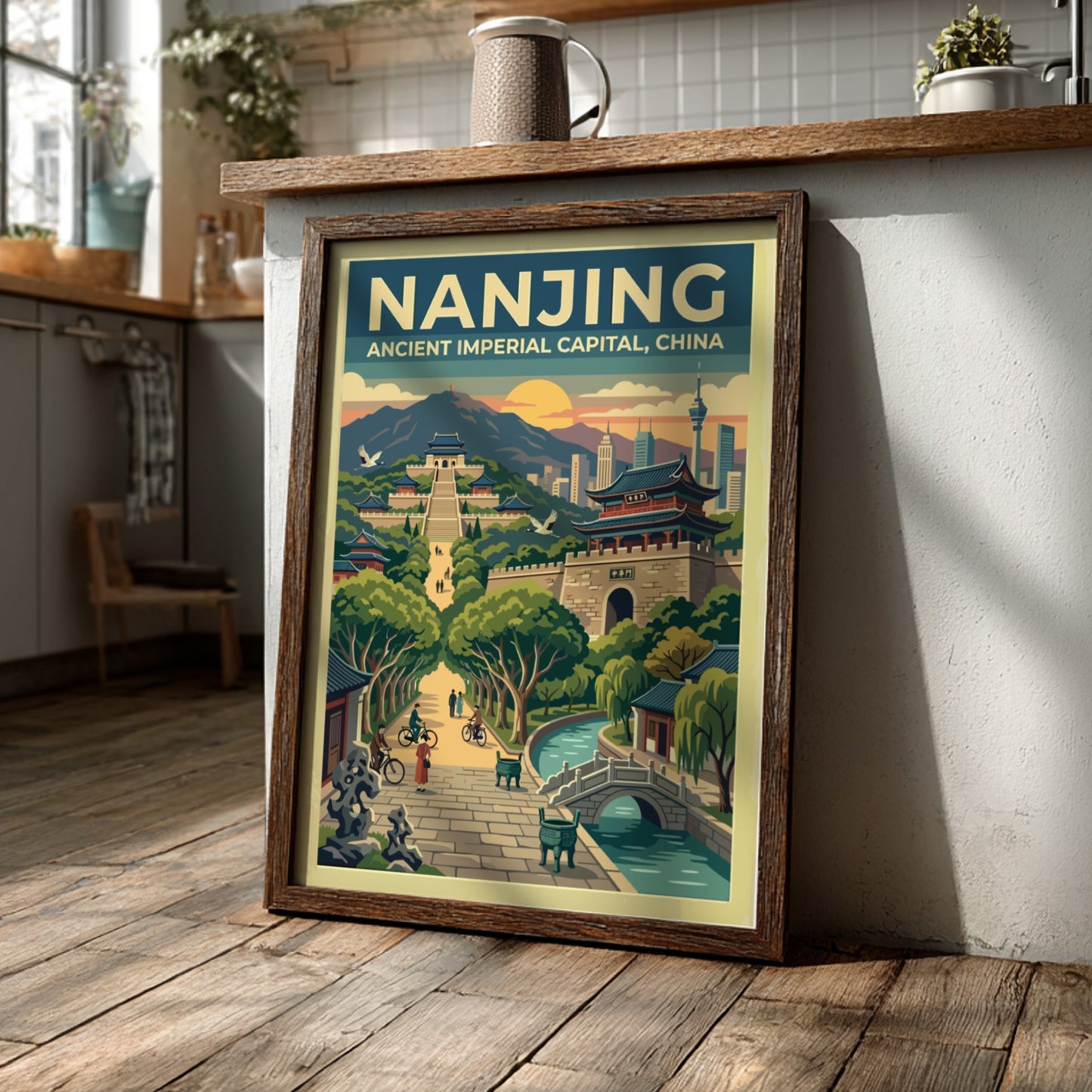 Nanjing travel poster featuring a vintage cityscape with sunset colors and traditional architecture