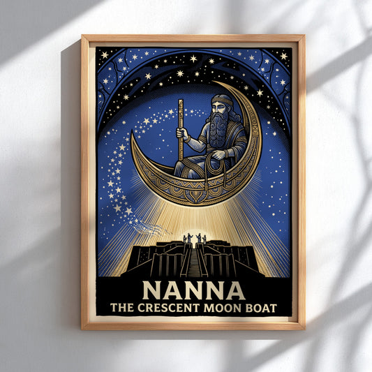 Poster featuring Nanna in a golden crescent moon boat above a dark ziggurat