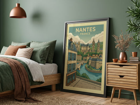 Nantes France travel poster featuring historic architecture, river, and bridge in a vintage illustration