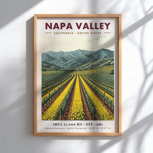 Poster of Napa Valley vineyards with yellow flowers and blue mountains in California.