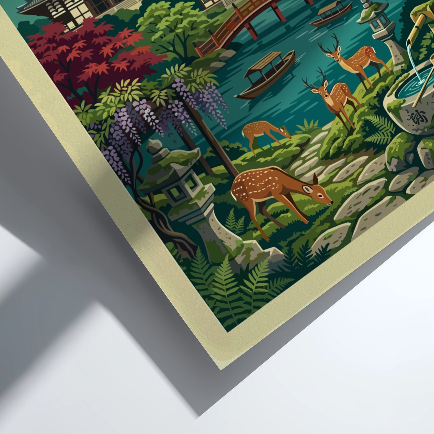 Nara Japan travel poster featuring temples, torii gate, deer, and a pond in a vibrant illustrative style.