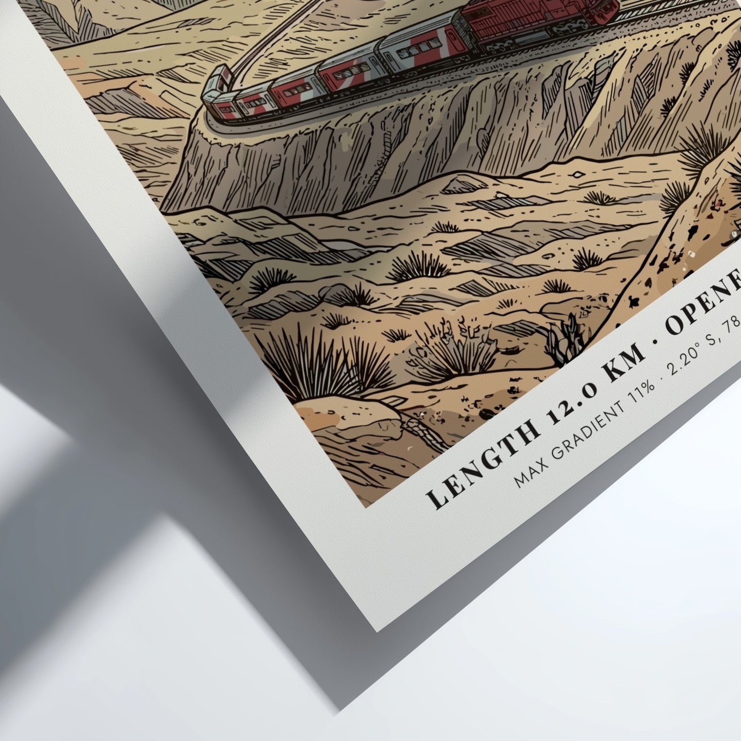 Poster of a red train traveling through the rugged Nariz Del Diablo mountains.