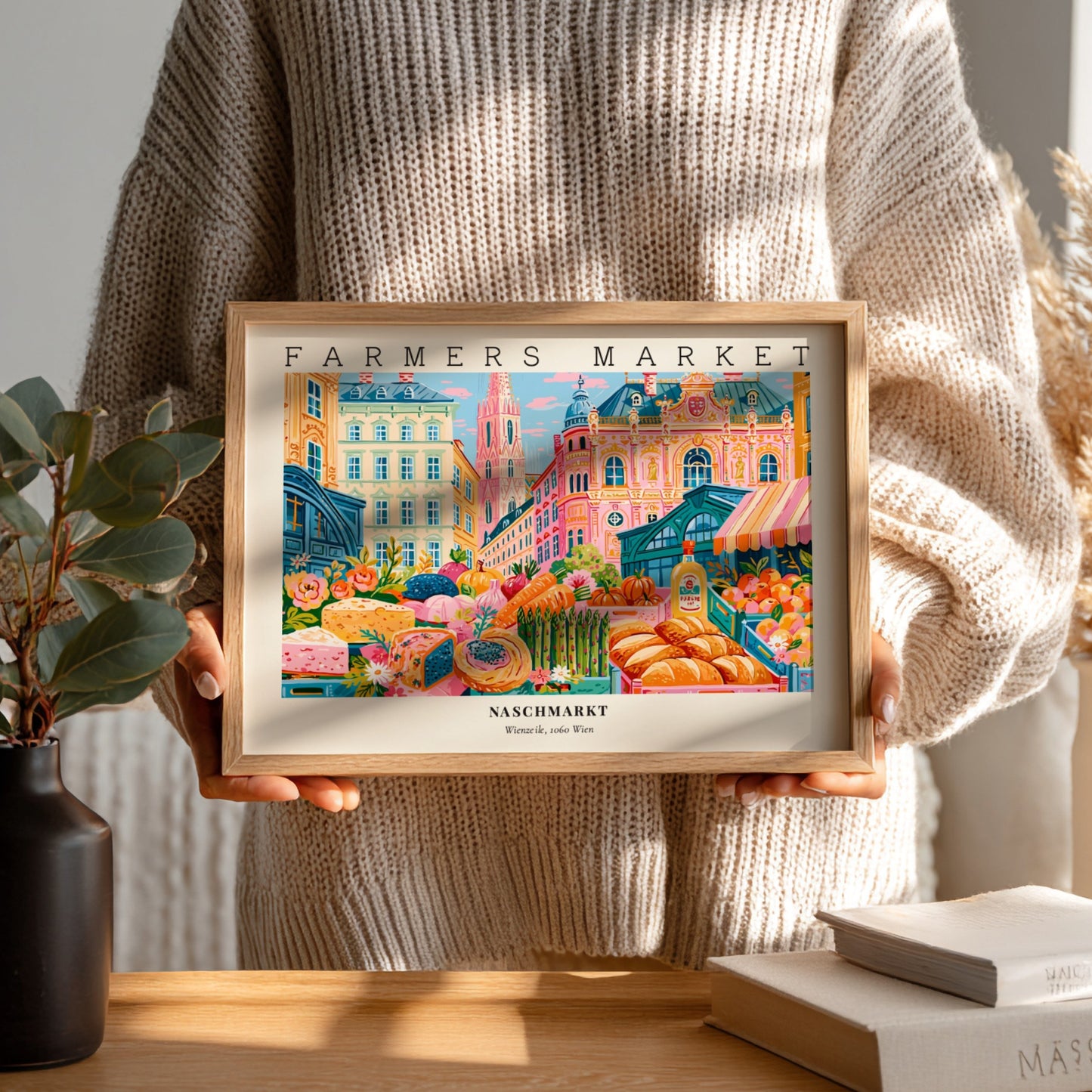 Farmers market poster showcasing vibrant produce and architecture in Vienna