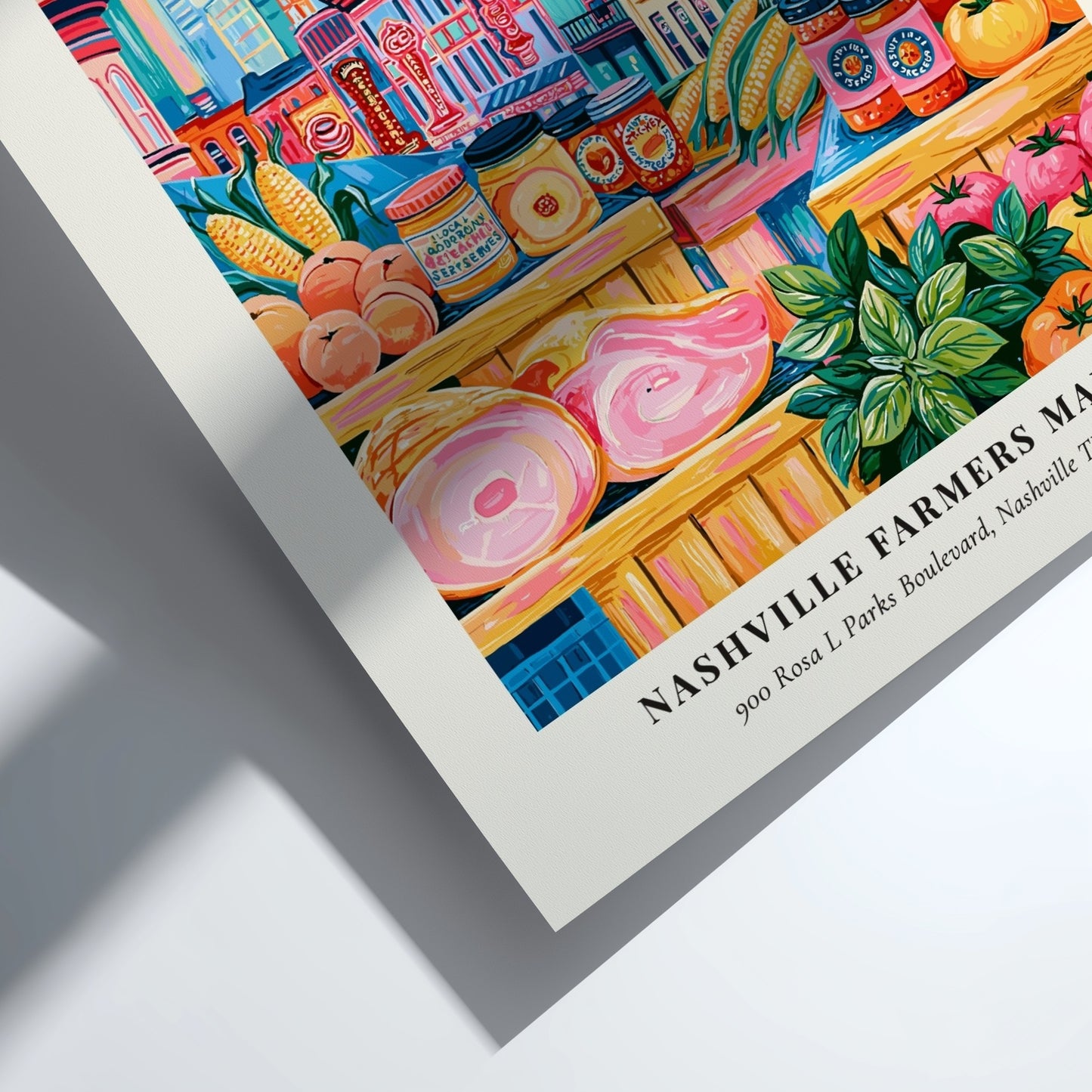 Nashville Farmers Market poster featuring colorful fruits and vegetables with Nashville skyline in the