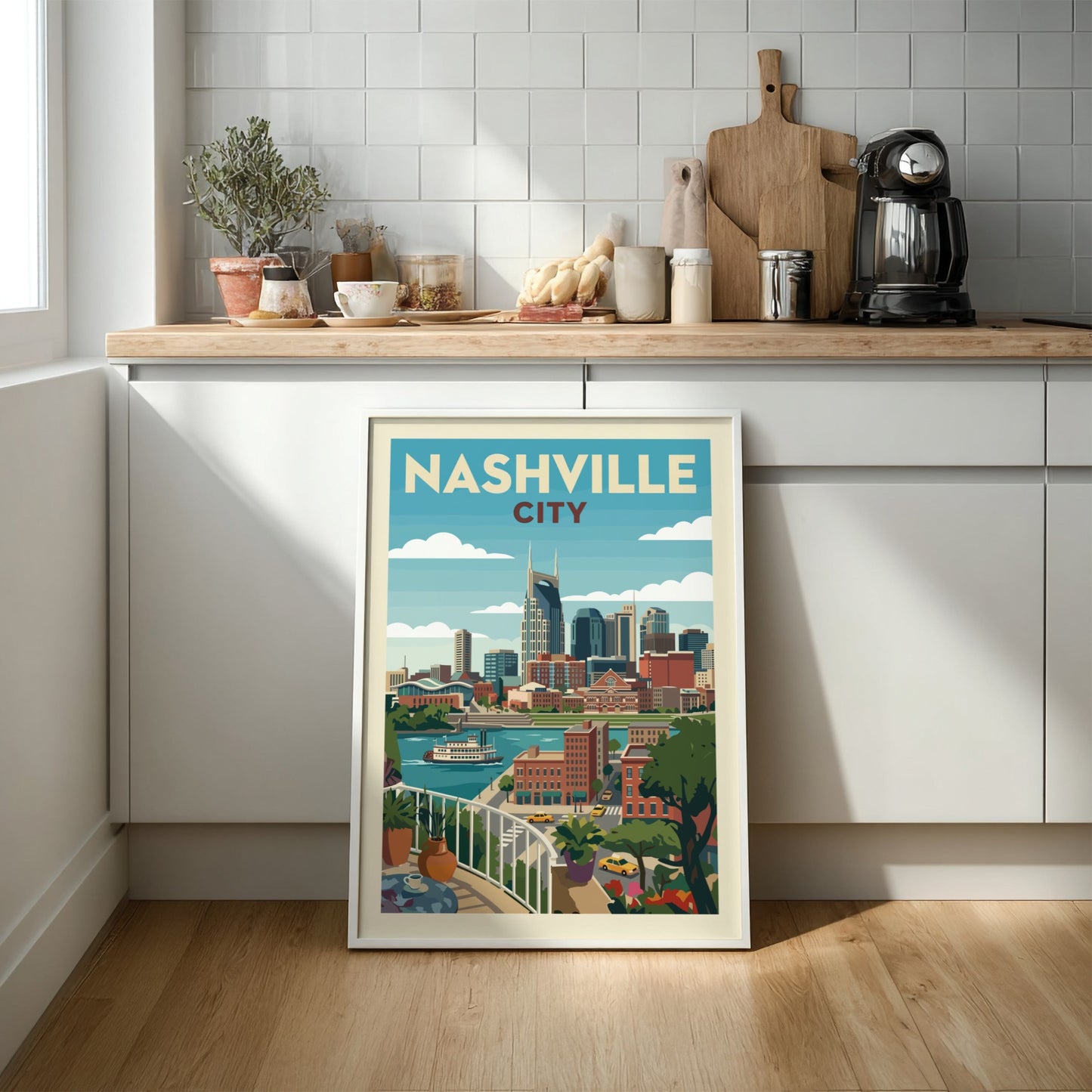 Retro Nashville skyline art print with cityscape, river, and paddlewheel boat in muted colors.