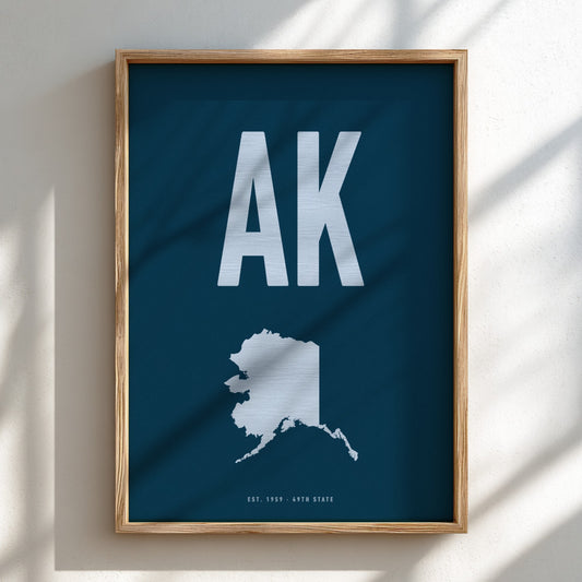 Framed poster with 'AK' and an outline of Alaska on a blue background