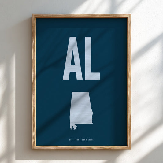 Framed poster with 'AL' and a map of Alabama on a blue background