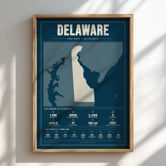 Framed poster of Delaware with a map and statistics on a white wall.