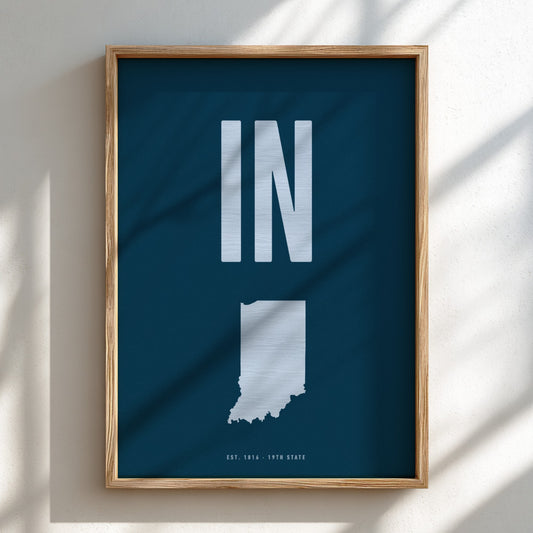 Framed poster of Indiana with 'IN' on a blue background