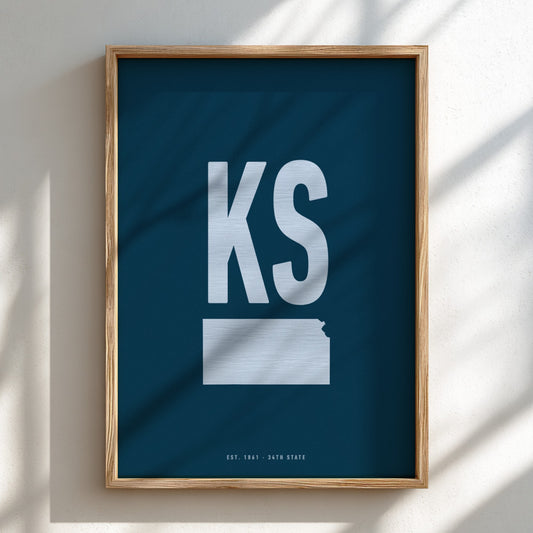 Framed poster with 'KS' and a map of Kansas on a blue background