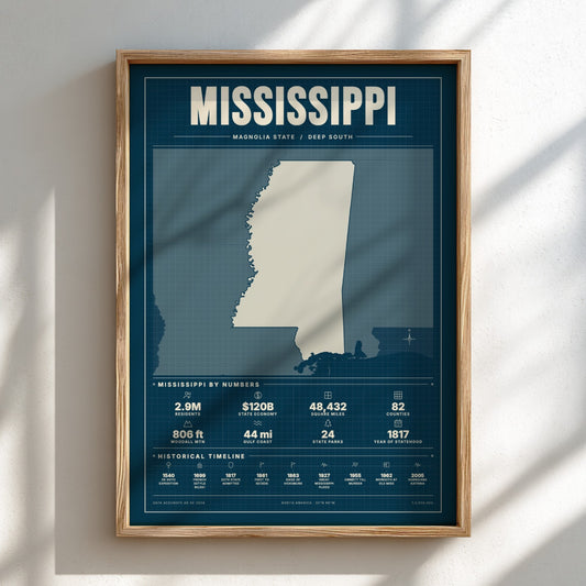 Framed map of Mississippi with statistical information on a white wall.