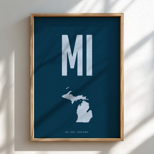 Framed poster with 'MI' and a map of Michigan on a blue background