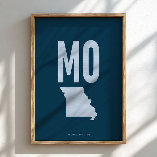 MO state poster featuring a minimalist design, perfect for home decor.