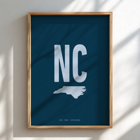 Framed poster with 'NC' and a map of North Carolina on a blue background