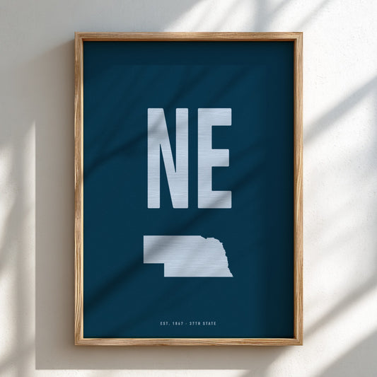 Framed poster with 'NE' and outline of Nebraska on a blue background