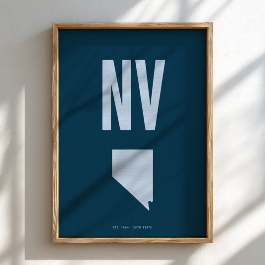 Framed poster with 'NV' and outline of Nevada on a blue background