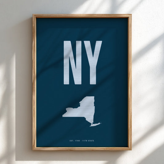 Framed poster with 'NY' and a map of New York state on a blue background