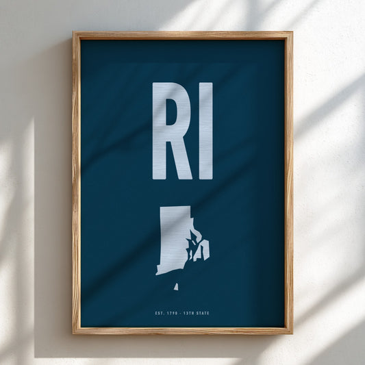 Framed poster with 'RI' and state outline on a blue background